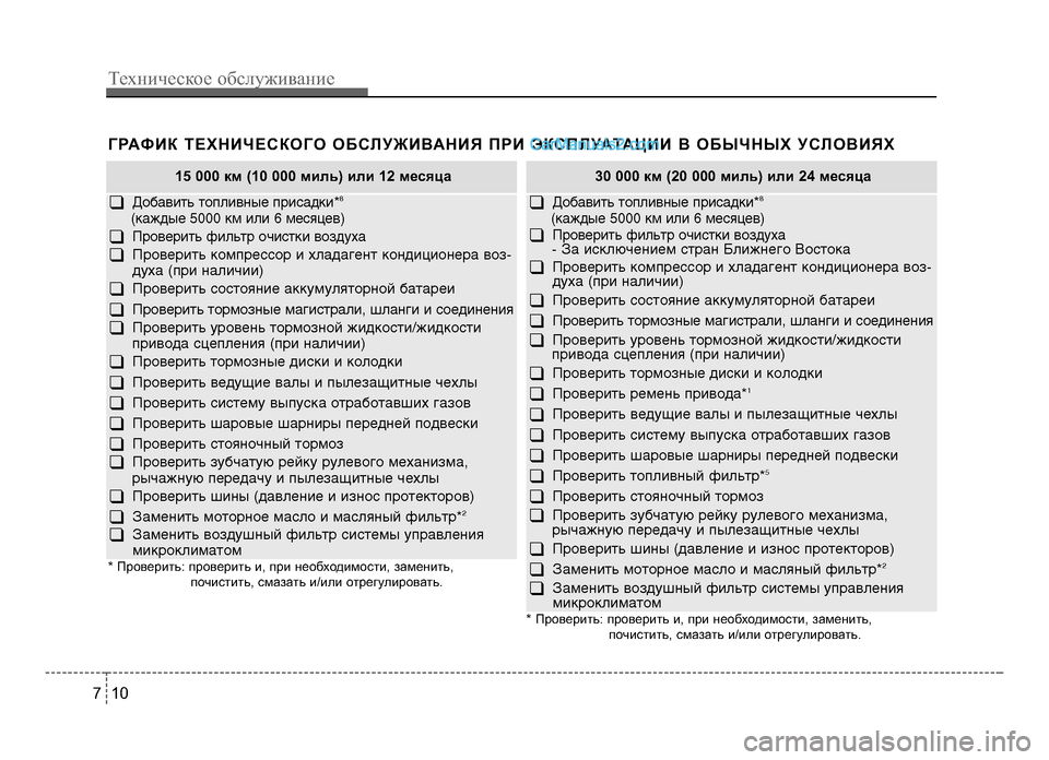 Hyundai Solaris 2016  Инструкция по эксплуатации (in Russian) 15 000 км (10 000 миль) или 12 месяца
q Добави\bь \bоплив\fые присадки*8
(каждые 5000 км или 6 месяцев)
q Провери\bь филь\bр очи