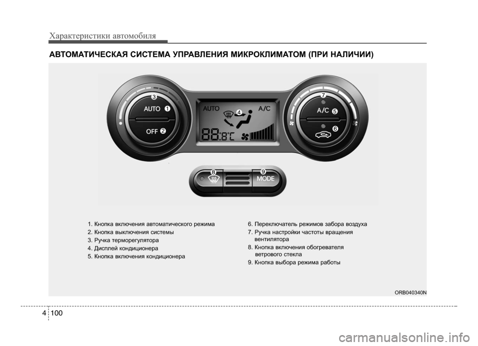 Hyundai Solaris 2015  Инструкция по эксплуатации (in Russian) Характер\bст\bк\b авто\fоб\bля
1004
АВТОМАТИЧЕСКАЯ СИСТЕМА \bПРАВ\fЕНИЯ МИКРОК\fИМАТОМ (ПРИ НА\fИЧИИ)
1. Кнопка включе