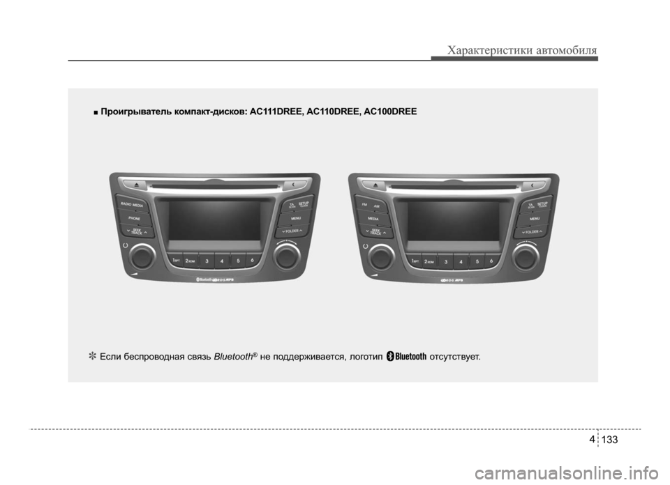 Hyundai Solaris 2015  Инструкция по эксплуатации (in Russian) 4 133
Характер\bст\bк\b авто\fоб\bля
■ Проигрыватель компакт-дисков: AC111DREE, AC110DREE, AC100DREE
✽ Если БМеспроводная связь  