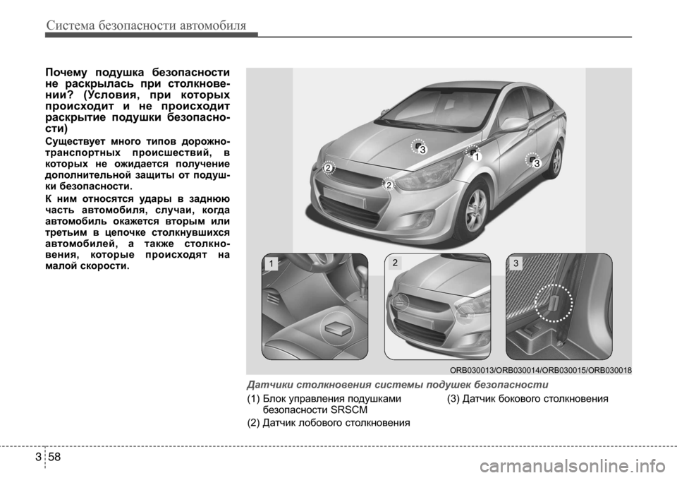 Hyundai Solaris 2013  Инструкция по эксплуатации (in Russian) Система безопасности автомобиля
58
3
Почему  подушка  безопасности 
не  раскрылась  при  столкнове-
нии?  (Услови
