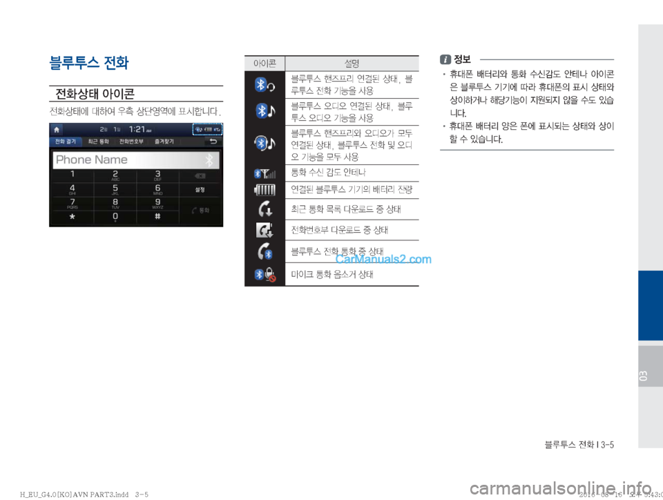 Hyundai Solati 2016  쏠라티 표준4 내비게이션 (in Korean) 6H	�
y
��*����
03
블루투스 전화

y
 