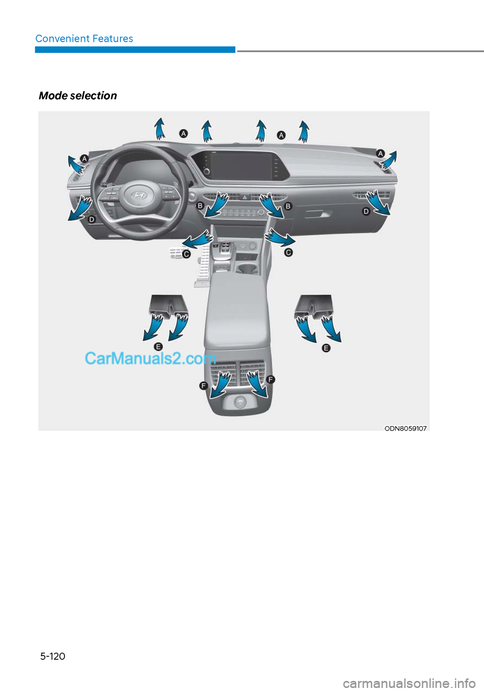 Hyundai Sonata 2020  Owners Manual Convenient Features5-120
Mode selection
ODN8059107ODN8059107  