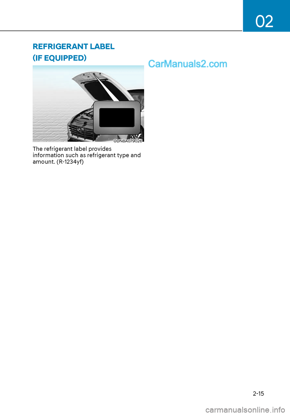Hyundai Sonata 2020  Owners Manual 02
2-15
(IF EQUIPPED)
ODN8A079026
The refrigerant label provides 
information such as refrigerant type and 
amount. (R-1234yf)
REFRIGERANT LABEL     