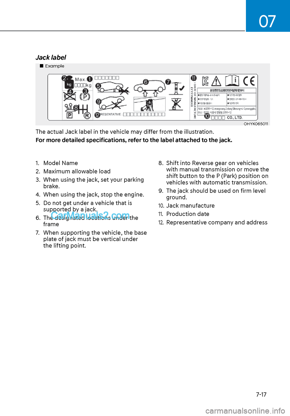 Hyundai Sonata 2020  Owners Manual 07
7-17
Jack label
ExampleExample
OHYK065011OHYK065011
The actual Jack label in the vehicle may differ from the illustration.
For more detailed specifications, refer to the label attached 