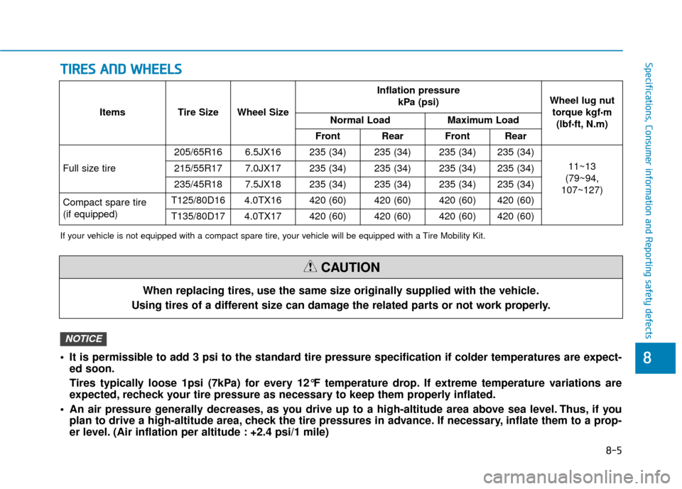 Hyundai Sonata 2019  Owners Manual 8-5
88
Specifications, Consumer information and Reporting safety defectsT
TI
IR
R E
ES
S 
 A
A N
N D
D 
 W
W H
HE
EE
EL
LS
S
When replacing tires, use the same size originally supplied with the vehicl