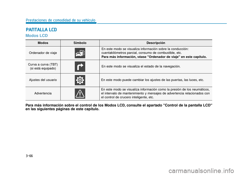 Hyundai Sonata 2019  Manual del propietario (in Spanish) 3-66
Prestaciones de comodidad de su vehículo
Modos LCD
P
PA
A N
N T
TA
A L
LL
LA
A  
 L
L C
C D
D
Modos SímboloDescripción
Ordenador de viaje
En este modo se visualiza información sobre la conduc