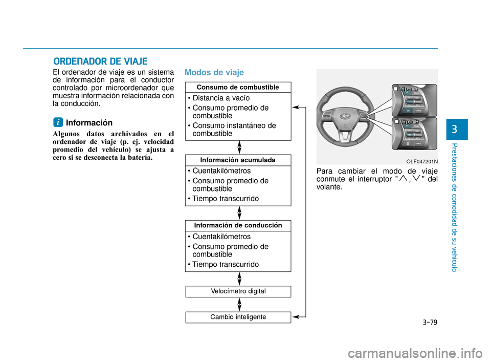 Hyundai Sonata 2019  Manual del propietario (in Spanish) 3-79
Prestaciones de comodidad de su vehículo
El ordenador de viaje es un sistema
de información para el conductor
controlado por microordenador que
muestra información relacionada con
la conducci