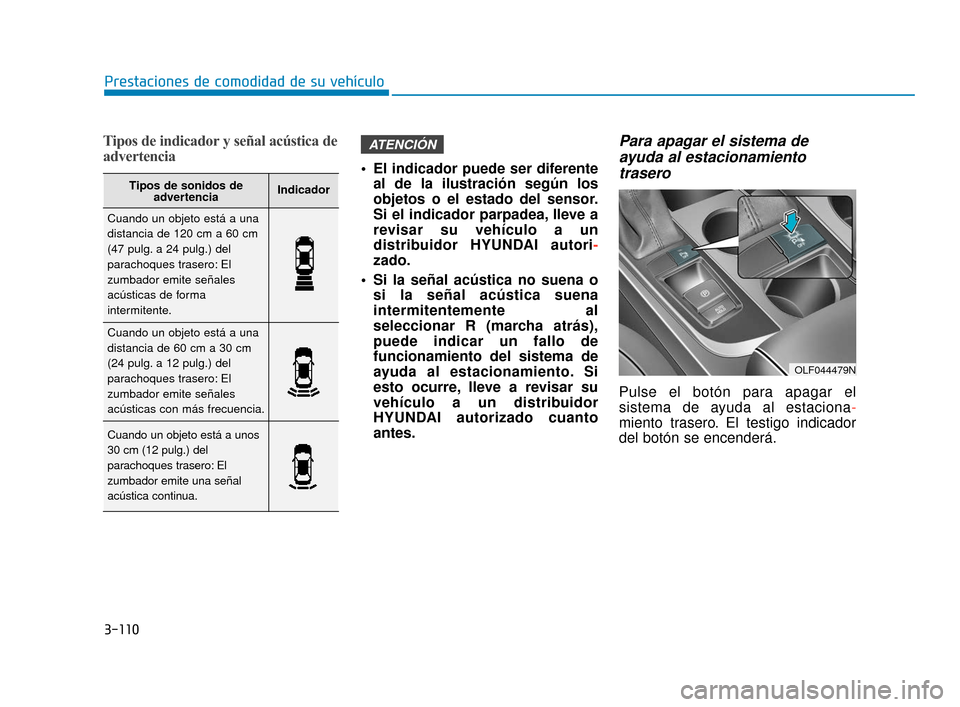 Hyundai Sonata 2019  Manual del propietario (in Spanish) 3-110
Prestaciones de comodidad de su vehículo
Tipos de indicador y señal acústica de
advertencia
 El indicador puede ser diferenteal de la ilustración según los
objetos o el estado del sensor.
S