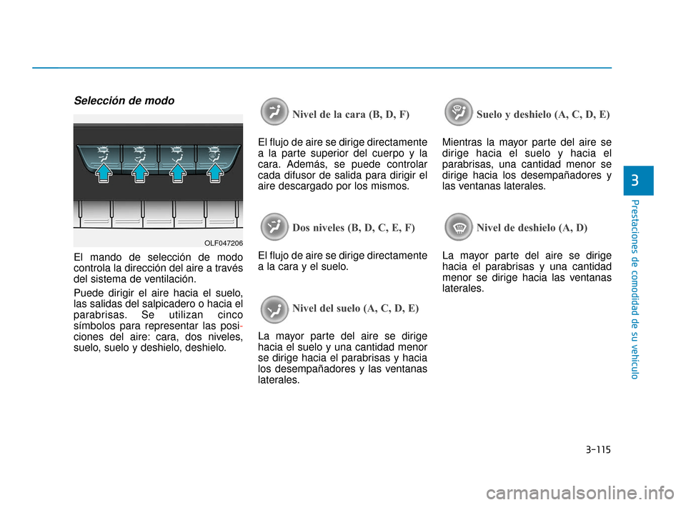 Hyundai Sonata 2019  Manual del propietario (in Spanish) 3-115
Prestaciones de comodidad de su vehículo
3
Selección de modo
El mando de selección de modo
controla la dirección del aire a través
del sistema de ventilación.
Puede dirigir el aire hacia e