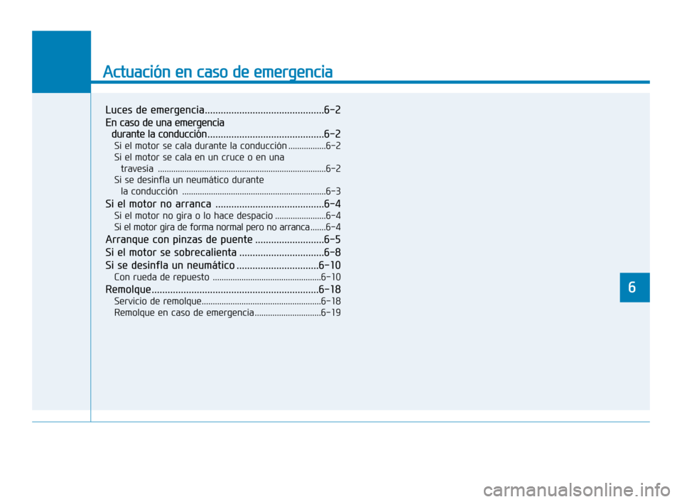 Hyundai Sonata 2019 Manual del propietario (in Spanish) Actuación en caso de emergencia
6
Luces de emergencia.............................................6-2
En caso de una emergencia durante la conducción ............................................6-2
Hyundai Sonata 2019 Manual del propietario (in Spanish) Actuación en caso de emergencia
6
Luces de emergencia.............................................6-2
En caso de una emergencia durante la conducción ............................................6-2