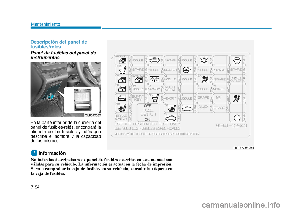 Hyundai Sonata 2019  Manual del propietario (in Spanish) 7-54
Mantenimiento
Descripción del panel de
fusibles/relés
Panel de fusibles del panel deinstrumentos      
En la parte interior de la cubierta del
panel de fusibles/relés, encontrará la
etiqueta 
