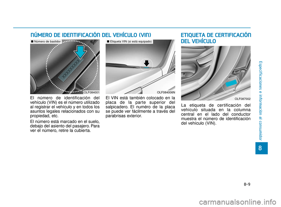 Hyundai Sonata 2019  Manual del propietario (in Spanish) 8-9
8
Especificaciones e información al consumidor
E
ET
T I
IQ
Q U
UE
ET
T A
A  
 D
D E
E 
 C
C E
E R
R T
TI
IF
F I
IC
C A
A C
CI
IÓ
Ó N
N
D
D E
EL
L 
 V
V E
EH
H Í
ÍC
C U
U L
LO
O
El número de 