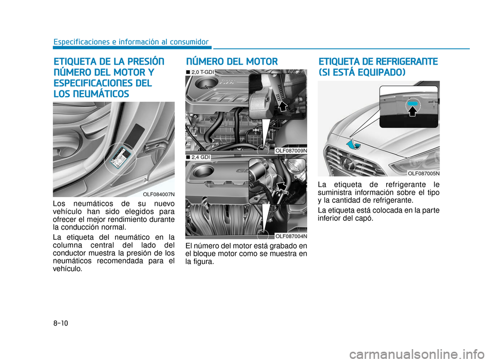 Hyundai Sonata 2019  Manual del propietario (in Spanish) 8-10
Especificaciones e información al consumidor
Los neumáticos de su nuevo
vehículo han sido elegidos para
ofrecer el mejor rendimiento durante
la conducción normal.
La etiqueta del neumático e