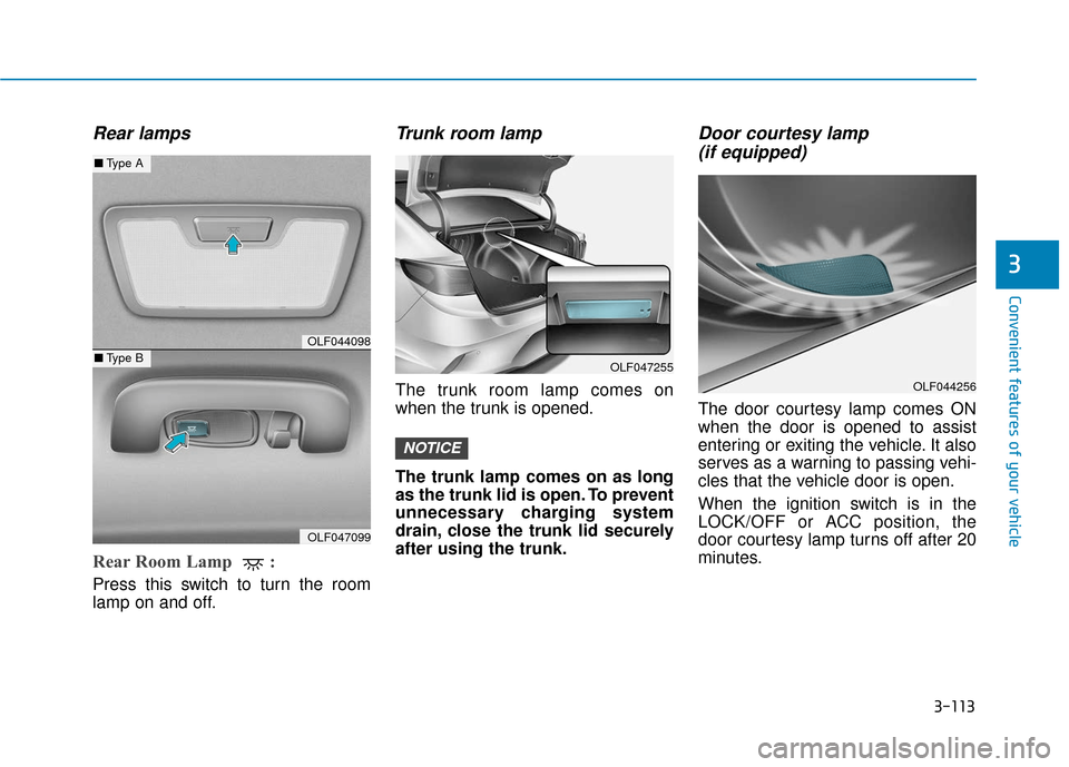 Hyundai Sonata 2018  Owners Manual 3-113
Convenient features of your vehicle
3
Rear lamps
Rear Room Lamp  : 
Press this switch to turn the room
lamp on and off.
Trunk room lamp
The trunk room lamp comes on
when the trunk is opened.
The