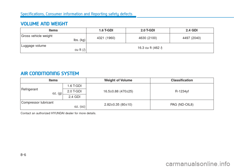 Hyundai Sonata 2018  Owners Manual 8-6
Specifications, Consumer information and Reporting safety defects
V
VO
O L
LU
U M
M E
E 
 A
A N
N D
D 
 W
W E
EI
IG
G H
H T
T
A
A I
IR
R  
 C
C O
O N
ND
DI
IT
T I
IO
O N
NI
IN
N G
G 
 S
S Y
Y S
ST