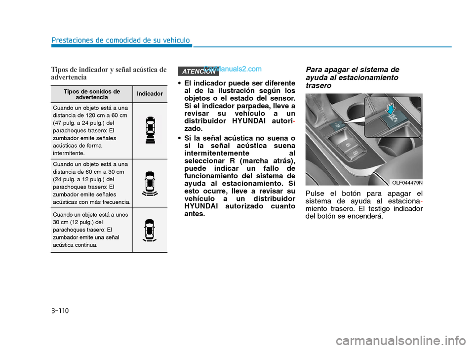 Hyundai Sonata 2018  Manual del propietario (in Spanish) 3-110
Prestaciones de comodidad de su vehículo
Tipos de indicador y señal acústica de
advertencia
 El indicador puede ser diferenteal de la ilustración según los
objetos o el estado del sensor.
S