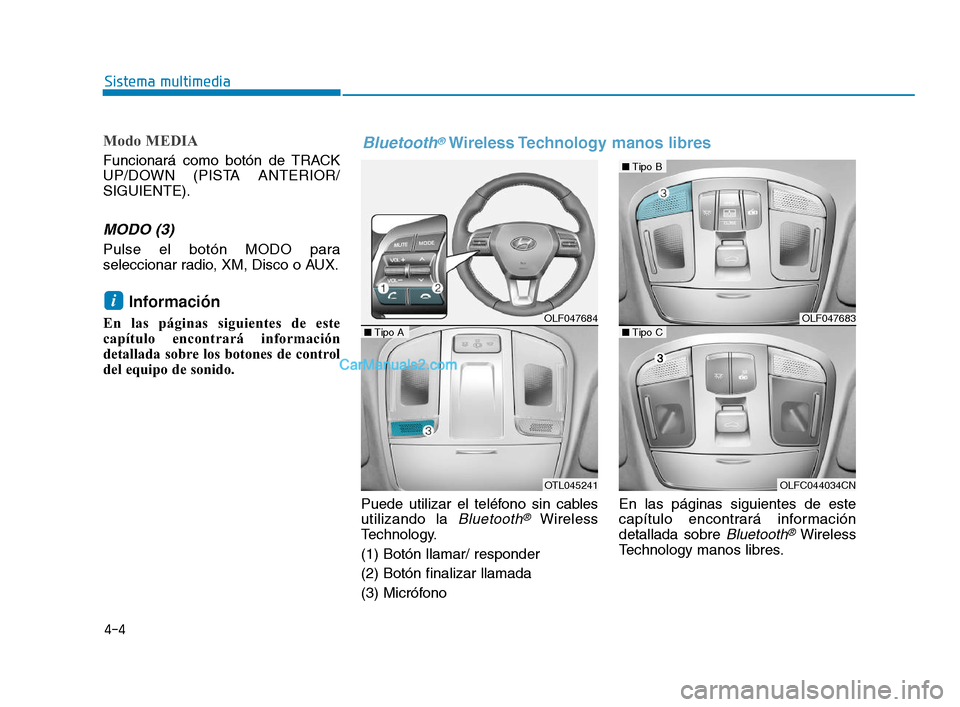 Hyundai Sonata 2018  Manual del propietario (in Spanish) 4-4
Modo MEDIA
Funcionará como botón de TRACK
UP/DOWN (PISTA ANTERIOR/
SIGUIENTE).
MODO (3)
Pulse el botón MODO para
seleccionar radio, XM, Disco o AUX.
Información 
En las páginas siguientes de 