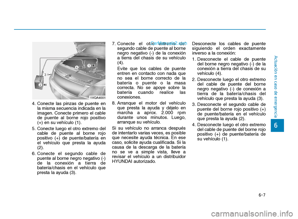 Hyundai Sonata 2018  Manual del propietario (in Spanish) 6-7
Actuación en caso de emergencia
6
4. Conecte las pinzas de puente enla misma secuencia indicada en la
imagen. Conecte primero el cable
de puente al borne rojo positivo
(+) en su vehículo (1).
5.