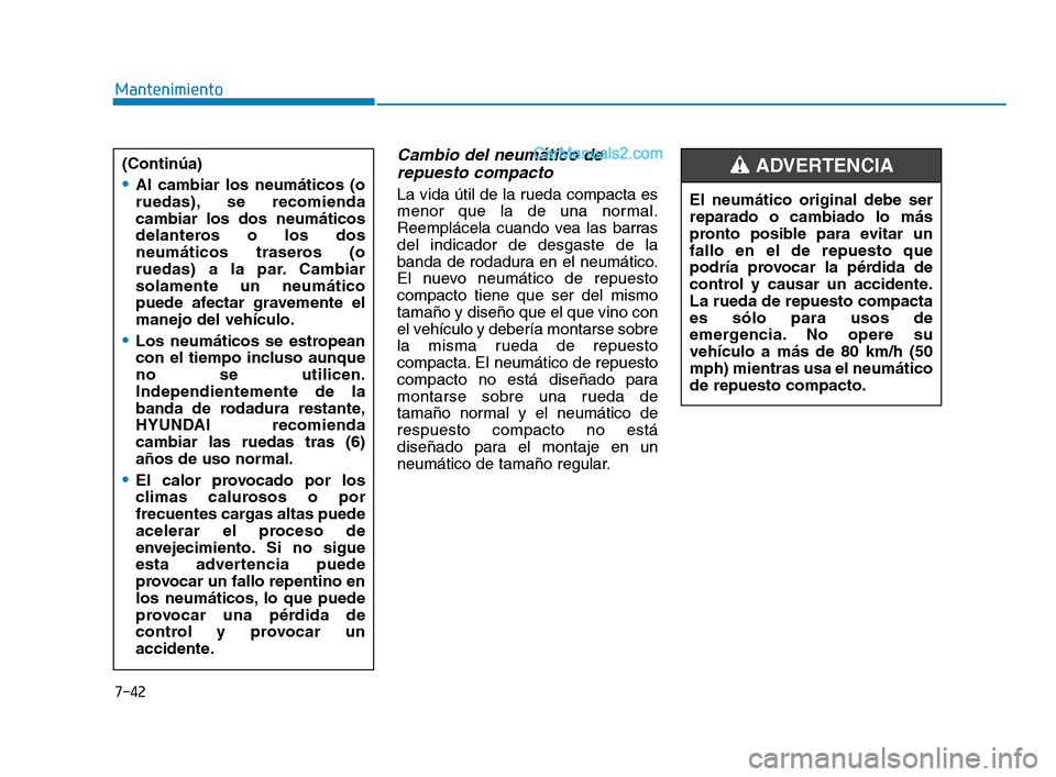Hyundai Sonata 2018  Manual del propietario (in Spanish) 7-42
Mantenimiento
Cambio del neumático derepuesto compacto
La vida útil de la rueda compacta es
menor que la de una normal.
Reemplácela cuando vea las barras
del indicador de desgaste de la
banda 