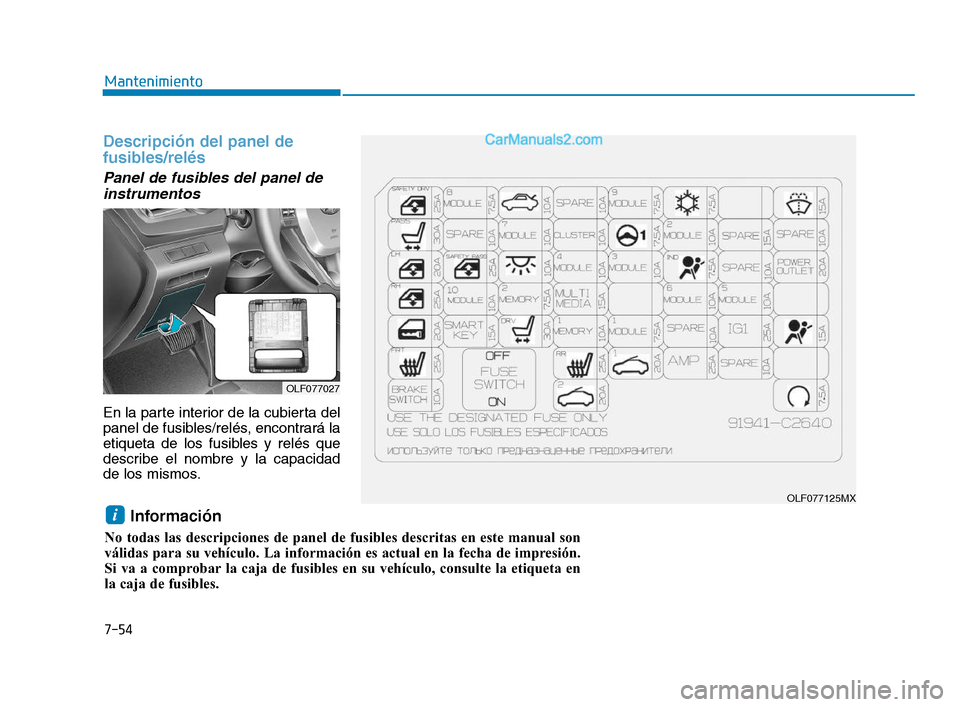 Hyundai Sonata 2018  Manual del propietario (in Spanish) 7-54
Mantenimiento
Descripción del panel de
fusibles/relés
Panel de fusibles del panel deinstrumentos      
En la parte interior de la cubierta del
panel de fusibles/relés, encontrará la
etiqueta 