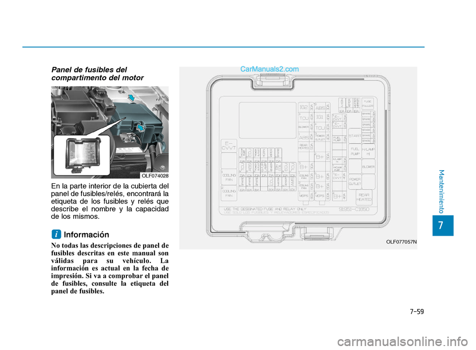 Hyundai Sonata 2018  Manual del propietario (in Spanish) 7-59
7
Mantenimiento
Panel de fusibles delcompartimento del motor
En la parte interior de la cubierta del
panel de fusibles/relés, encontrará la
etiqueta de los fusibles y relés que
describe el nom