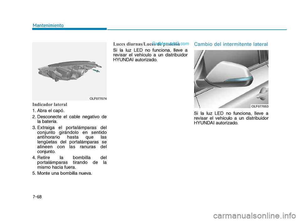Hyundai Sonata 2018  Manual del propietario (in Spanish) 7-68
Mantenimiento
Indicador lateral   
1. Abra el capó.
2. Desconecte el cable negativo dela batería.
3. Extraiga el portalámparas del conjunto girándolo en sentido
antihorario hasta que las
leng