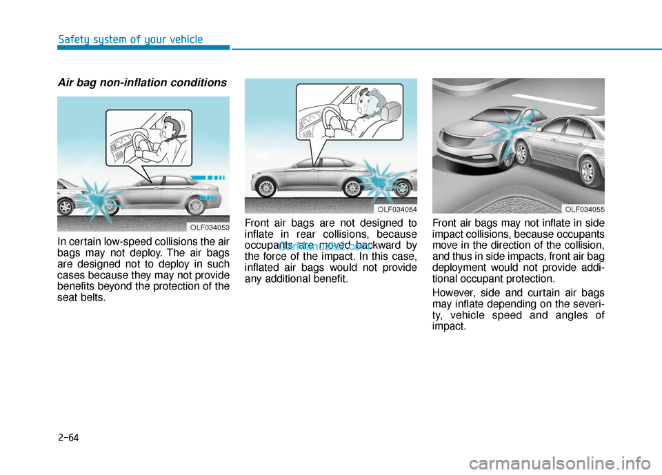 Hyundai Sonata 2017  Owners Manual 2-64
Safety system of your vehicle
Air bag non-inflation conditions 
In certain low-speed collisions the air
bags may not deploy. The air bags
are designed not to deploy in such
cases because they may