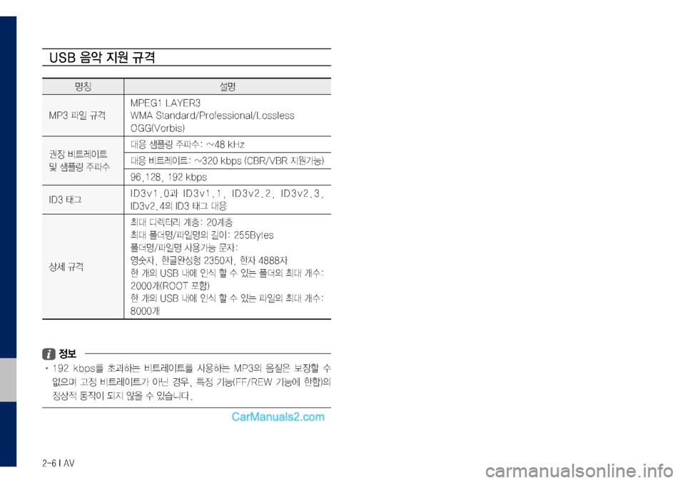 Hyundai Sonata 2017  LF쏘나타 디스플레이 오디오 2.0 (in Korean) 2-6 I AV
USB 음악 지원 규격
명칭설명
MP3	파일	규격
MPEG1	LAYER3
WMA	Standard/Professional/Lossless
OGG(Vorbis)
권장	비트레이트
및	샘플링	주파수
대응	샘플링	주파수:	