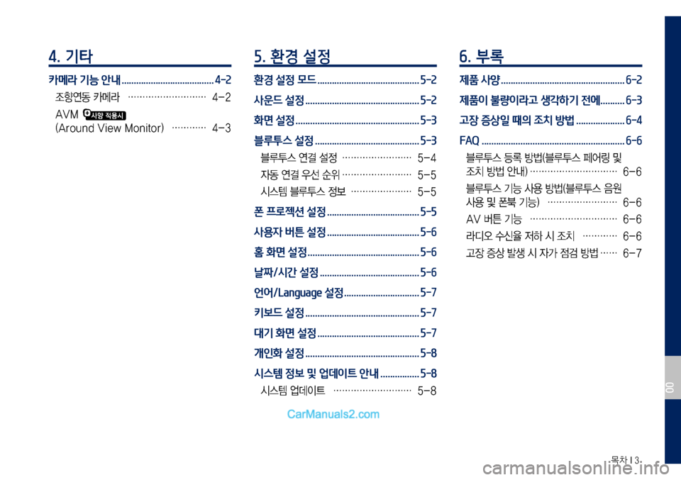 Hyundai Sonata 2017  LF쏘나타 디스플레이 오디오 2.0 (in Korean) 목차 I 3
4. 기타
카메라 기능 안내 ......................................4-2
조향연동  카메라 ………………………4-2
AVM 
 
(Around View Monitor) …………4-3
5. 환경 설