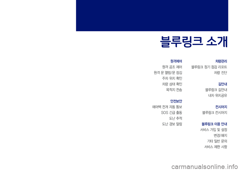 Hyundai Sonata 2017  LF쏘나타 블루링크, UVO (in Korean) 원격제어
원격	공조	제어
원격	문	열림/문	잠김
주차	위치	확인
차량	상태	확인
목적지	전송
안전보안
에어백	전개	자동	통보
SOS	긴급	출동
도난	추적
