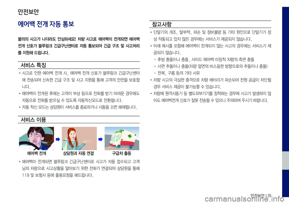 Hyundai Sonata 2017  LF쏘나타 블루링크, UVO (in Korean) 안전보안 I 25
에어백 전개 자동 통보
불의의  사고가  나더라도  안심하세요!  차량  사고로  에어백이  전개되면  에어백 
전개  신호가  블루링크  긴급