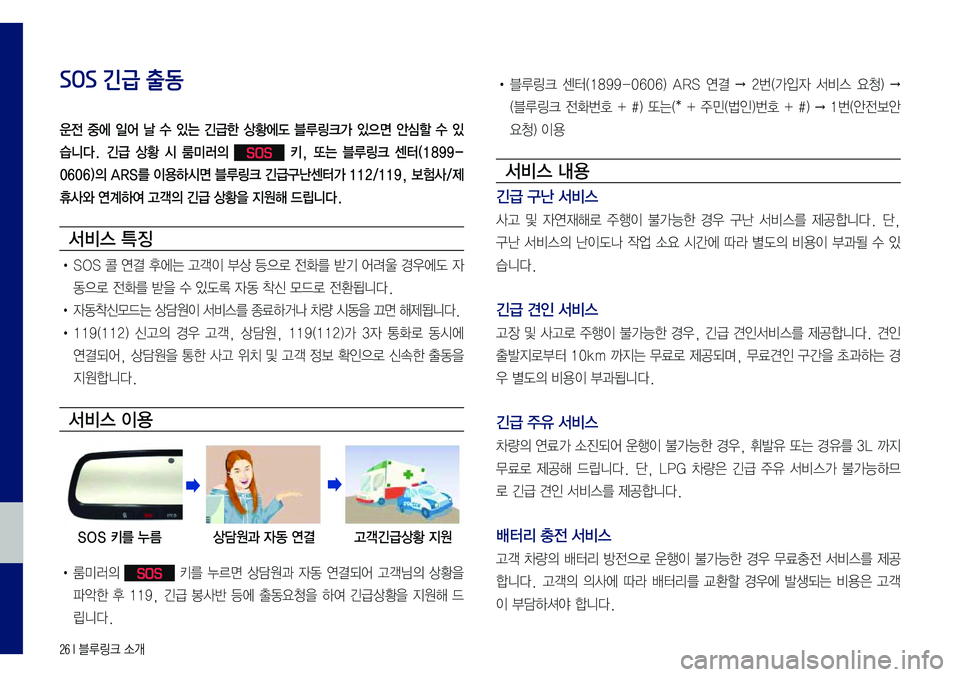 Hyundai Sonata 2017  LF쏘나타 블루링크, UVO (in Korean) 26 I 블루링크 소개
SOS 긴급 출동
운전  중에  일어  날  수  있는  긴급한  상황에도  블루링크가  있으면  안심할  수  있
습니다.  긴급  상황  시  룸미러