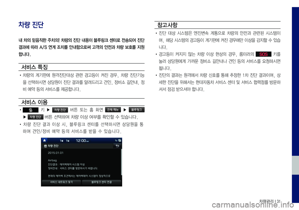 Hyundai Sonata 2017  LF쏘나타 블루링크, UVO (in Korean) 차량관리 I 31
차량 진단
내 차의 믿음직한 주치의! 차량의 진단 내용이 블루링크 센터로 전송되어 진단
결과에 따라 A/S 연계 조치를 안내함으로써 고객