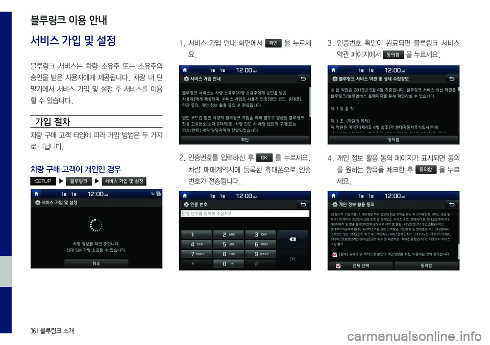 Hyundai Sonata 2017  LF쏘나타 블루링크, UVO (in Korean) 36 I 블루링크 소개
서비스 가입 및 설정
블루링크	서비스는	차량	소유주	또는	소유주의	
승인을	받은	사용자에게	제공됩니다.	차량	내	단
말기에서	서
