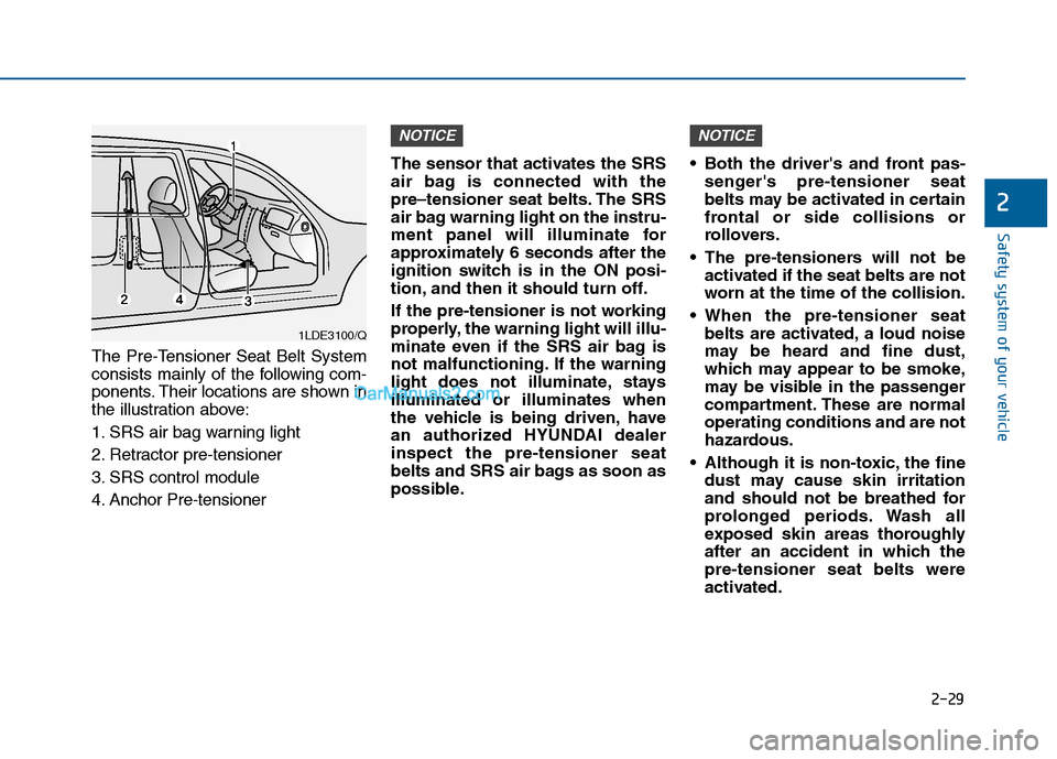 Hyundai Sonata 2016 Owners Manual 2-29
Safety system of your vehicle
2
The Pre-Tensioner Seat Belt System
consists mainly of the following com-
ponents. Their locations are shown in
the illustration above:
1. SRS air bag warning light Hyundai Sonata 2016 Owners Manual 2-29
Safety system of your vehicle
2
The Pre-Tensioner Seat Belt System
consists mainly of the following com-
ponents. Their locations are shown in
the illustration above:
1. SRS air bag warning light