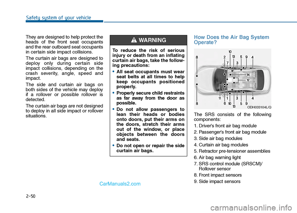 Hyundai Sonata 2016 Owners Manual 2-50
Safety system of your vehicle
They are designed to help protect the
heads of the front seat occupants
and the rear outboard seat occupants
in certain side impact collisions.
The curtain air bags Hyundai Sonata 2016 Owners Manual 2-50
Safety system of your vehicle
They are designed to help protect the
heads of the front seat occupants
and the rear outboard seat occupants
in certain side impact collisions.
The curtain air bags