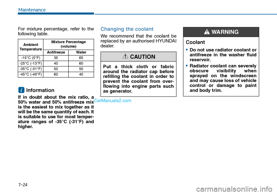 Hyundai Sonata 2016  Owners Manual - RHD (UK, Australia) 7-24
Maintenance
For mixture percentage, refer to the
following table.
Information
If in doubt about the mix ratio, a
50% water and 50% antifreeze mix
is the easiest to mix together as it
will be the 