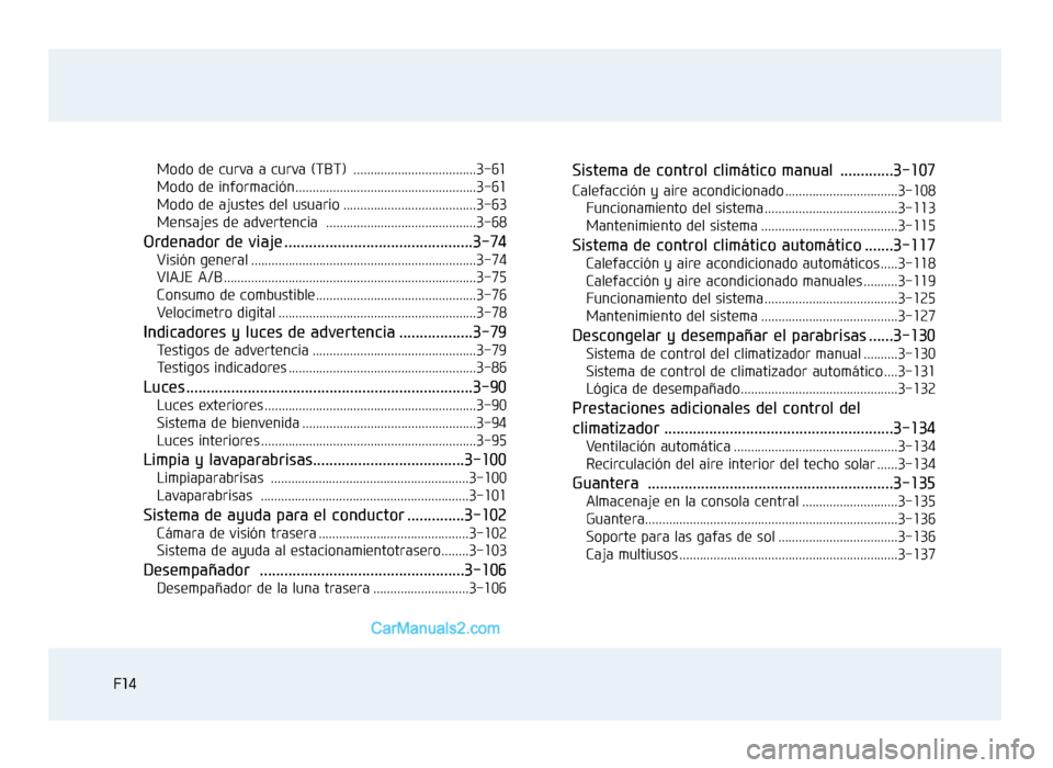Hyundai Sonata 2016  Manual del propietario (in Spanish) F14F14Modo de curva a curva (TBT)  ....................................3-61
Modo de información.....................................................3-61
Modo de ajustes del usuario ..................