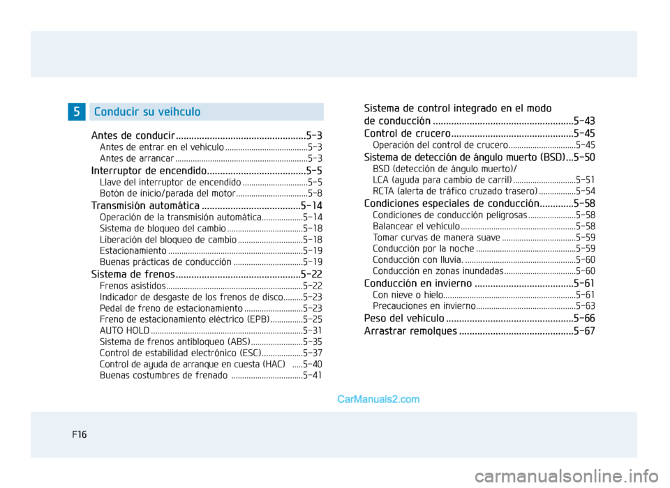 Hyundai Sonata 2016  Manual del propietario (in Spanish) F16
Antes de conducir ..................................................5-3
Antes de entrar en el vehículo ......................................5-3
Antes de arrancar ................................