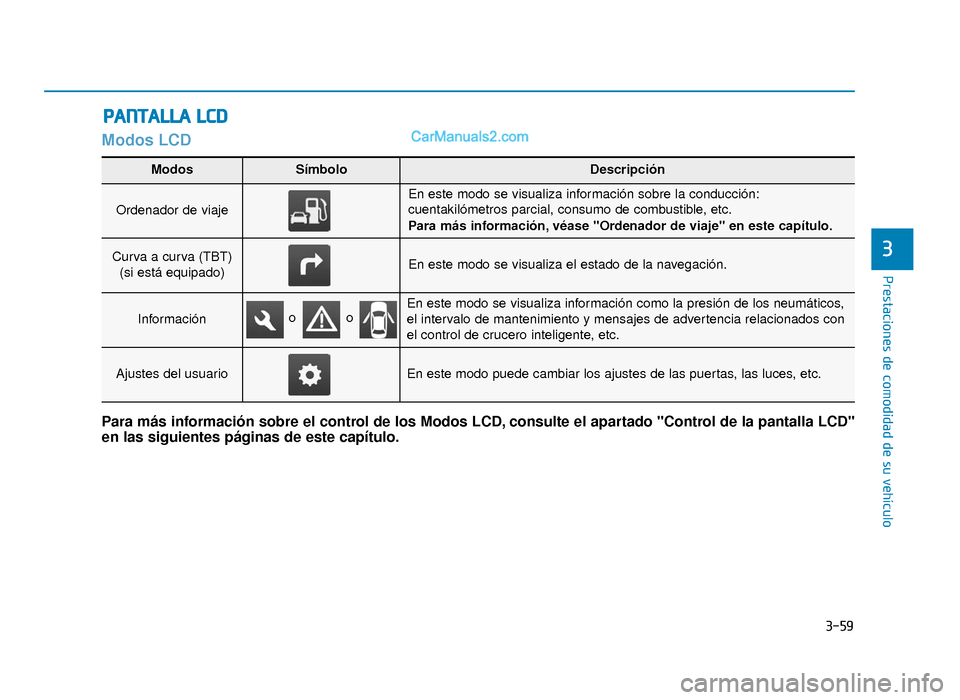 Hyundai Sonata 2016  Manual del propietario (in Spanish) 3-59
Prestaciones de comodidad de su vehículo
3
Modos LCD
P
PA
A N
N T
TA
A L
LL
LA
A  
 L
L C
C D
D
Modos SímboloDescripción
Ordenador de viaje
En este modo se visualiza información sobre la cond