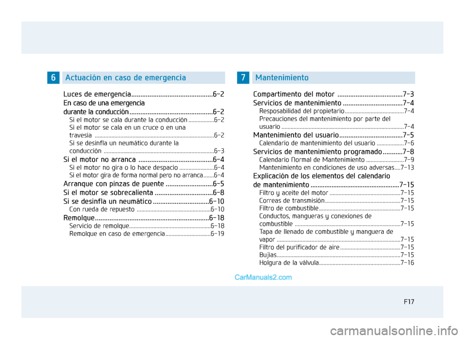 Hyundai Sonata 2016  Manual del propietario (in Spanish) F17
Luces de emergencia.............................................6-2
En caso de una emergencia 
durante la conducción..............................................6-2
Si el motor se cala durante l