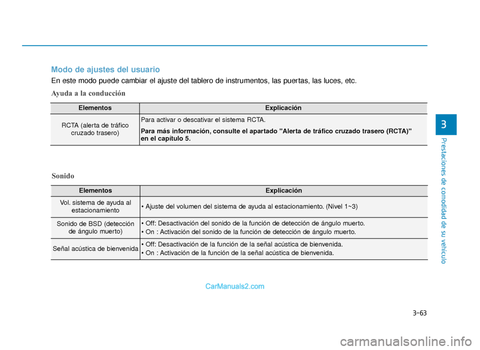 Hyundai Sonata 2016  Manual del propietario (in Spanish) 3-63
Prestaciones de comodidad de su vehículo
3
Modo de ajustes del usuario
En este modo puede cambiar el ajuste del tablero de instrumentos, las puertas, las luces, etc.
Ayuda a la conducción
Eleme