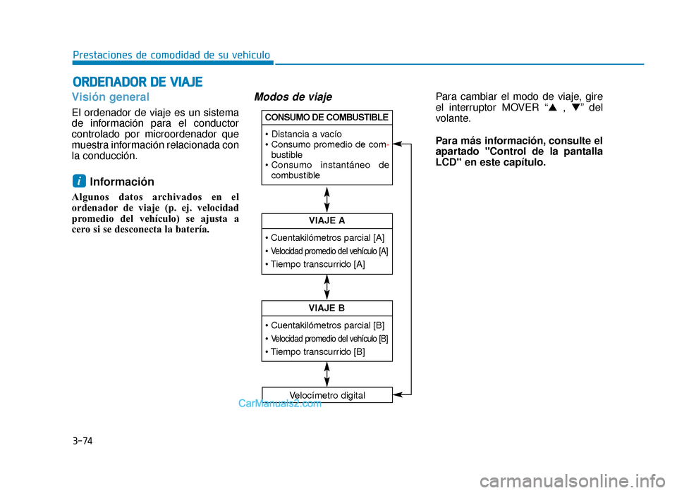 Hyundai Sonata 2016  Manual del propietario (in Spanish) 3-74
Prestaciones de comodidad de su vehículo
Visión general
El ordenador de viaje es un sistema
de información para el conductor
controlado por microordenador que
muestra información relacionada 