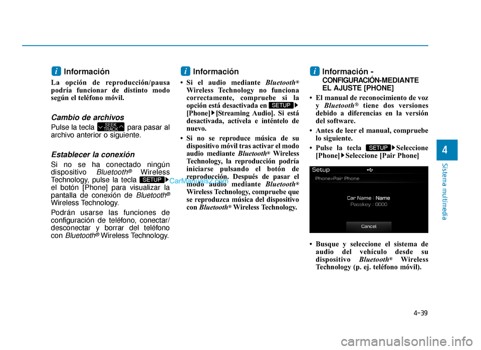 Hyundai Sonata 2016 Manual del propietario (in Spanish) 4-39
Sistema multimedia
4
Información
La opción de reproducción/pausa
podría funcionar de distinto modo
según el teléfono móvil.
Cambio de archivos
Pulse la tecla para pasar al
archivo anteri Hyundai Sonata 2016 Manual del propietario (in Spanish) 4-39
Sistema multimedia
4
Información
La opción de reproducción/pausa
podría funcionar de distinto modo
según el teléfono móvil.
Cambio de archivos
Pulse la tecla para pasar al
archivo anteri