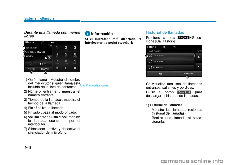 Hyundai Sonata 2016  Manual del propietario (in Spanish) 4-48
Sistema multimedia
Durante una llamada con manoslibres
1) Quién llama : Muestra el nombre
del interlocutor si quien llama está
incluido en la lista de contactos.
2) Número entrante : muestra e