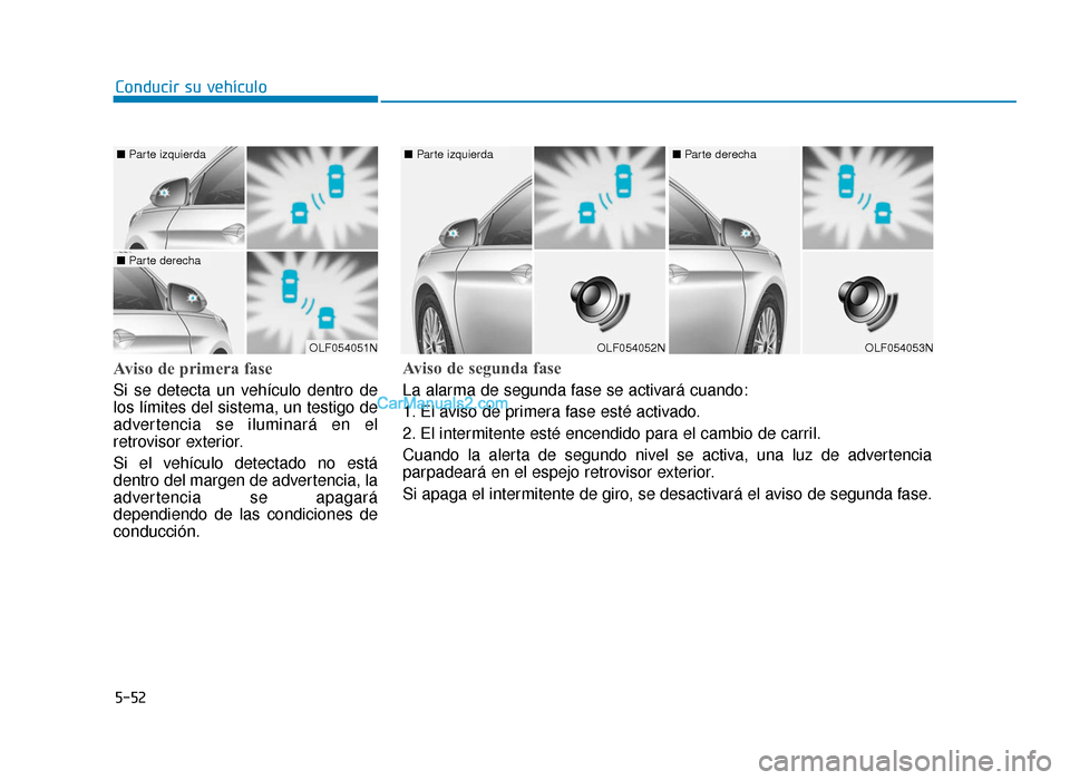 Hyundai Sonata 2016  Manual del propietario (in Spanish) 5-52
Conducir su vehículo
Aviso de primera fase
Si se detecta un vehículo dentro de
los límites del sistema, un testigo de
advertencia se iluminará en el
retrovisor exterior.
Si el vehículo detec