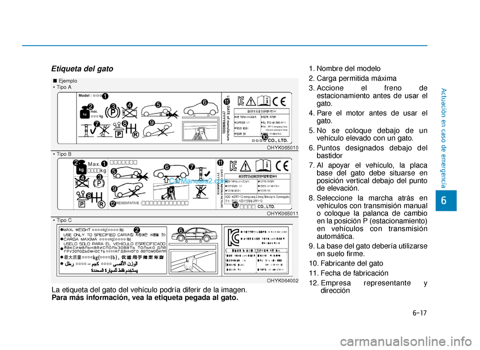 Hyundai Sonata 2016  Manual del propietario (in Spanish) 6-17
Actuación en caso de emergencia
6
Etiqueta del gato1. Nombre del modelo
2. Carga permitida máxima
3. Accione el freno deestacionamiento antes de usar el
gato.
4. Pare el motor antes de usar el 