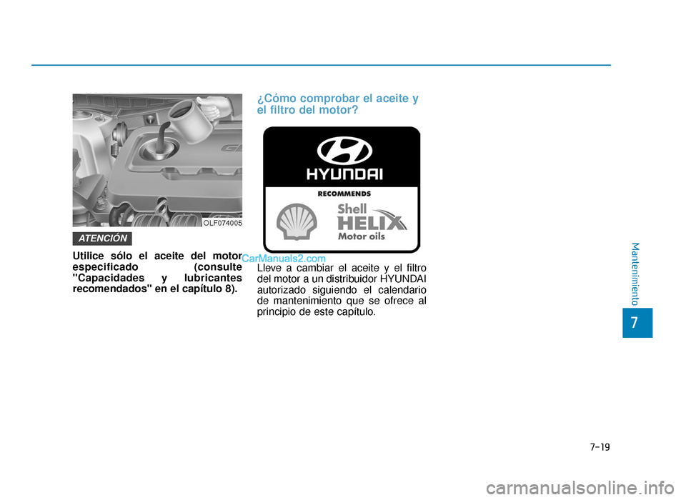 Hyundai Sonata 2016  Manual del propietario (in Spanish) 7-19
7
Mantenimiento
Utilice sólo el aceite del motor
especificado (consulte
"Capacidades y lubricantes
recomendados" en el capítulo 8).
¿Cómo comprobar el aceite y
el filtro del motor?
Lleve a ca