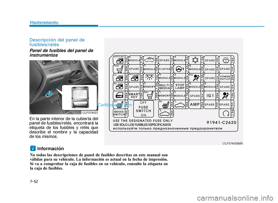 Hyundai Sonata 2016  Manual del propietario (in Spanish) 7-52
Mantenimiento
Descripción del panel de
fusibles/relés
Panel de fusibles del panel deinstrumentos      
En la parte interior de la cubierta del
panel de fusibles/relés, encontrará la
etiqueta 