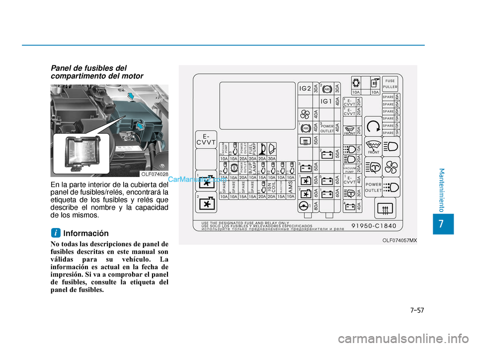 Hyundai Sonata 2016  Manual del propietario (in Spanish) 7-57
7
Mantenimiento
Panel de fusibles delcompartimento del motor
En la parte interior de la cubierta del
panel de fusibles/relés, encontrará la
etiqueta de los fusibles y relés que
describe el nom